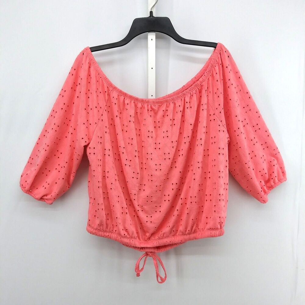 No Boundaries Shirt Womens Size XXL Coral Ballon Sleeve Button Up Tie Hem Crop - Picture 4 of 9